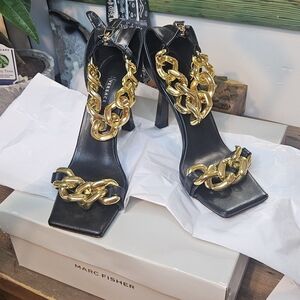 Versace Black Heels with Gold Chain Accents